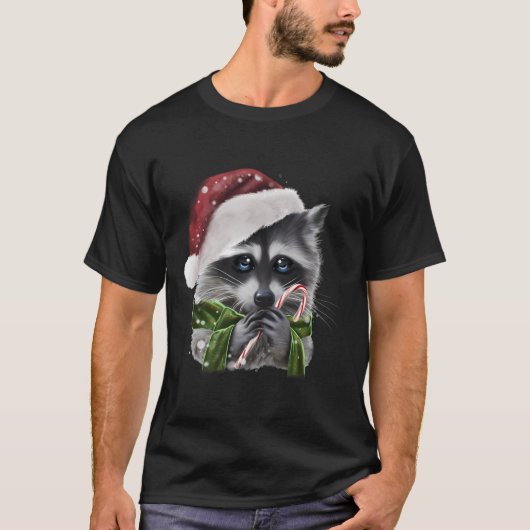 Kerst wasbeer met snoepriet grafisch t-shirt (Voorkant)
