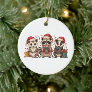 Kerst Wasbeer Opossum Panda Kerstman Hoed Xmas Keramisch Ornament
