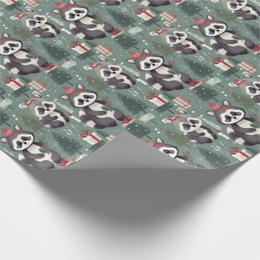 Kerst wasbeer patroon cadeaupapier (Hoek)