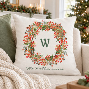 Kerst Watercolor Bes Wreath Familie Monogram Kussen