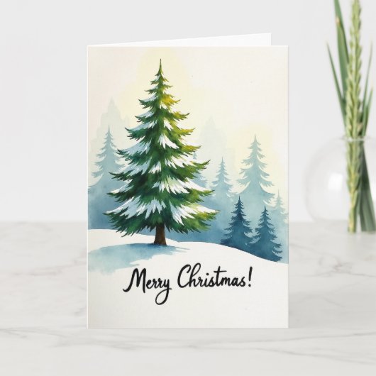 Kerst Watercolor Besneeuwde Boom Kaart (Voorkant)