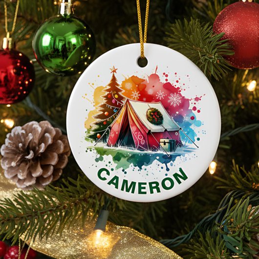 Kerst Watercolor Camping Aangepaste Naam Keramisch Ornament