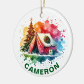 Kerst Watercolor Camping Aangepaste Naam Keramisch Ornament (Links)