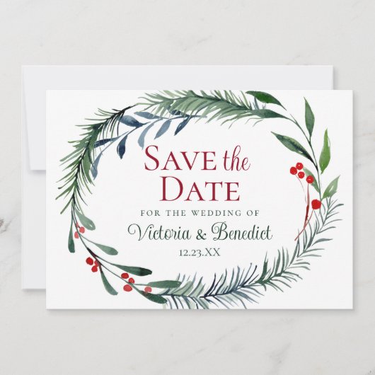 Kerst Watercolor Dennentakken Save the Date Kaart (Voorkant)