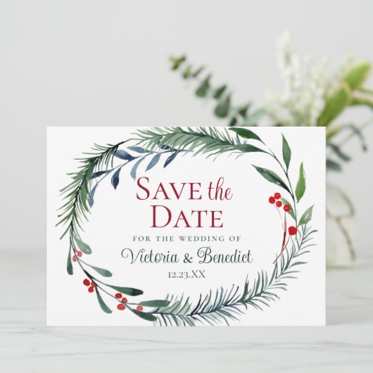 Kerst Watercolor Dennentakken Save the Date Kaart (Staand voorkant)