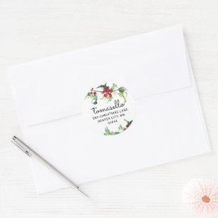 Kerst Watercolor Hulst Bessen Retouradres Ronde Sticker