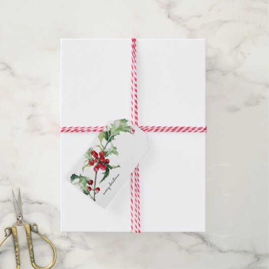 Kerst Watercolor Hulst Bessen Schrift Cadeaulabel (Met Touw)