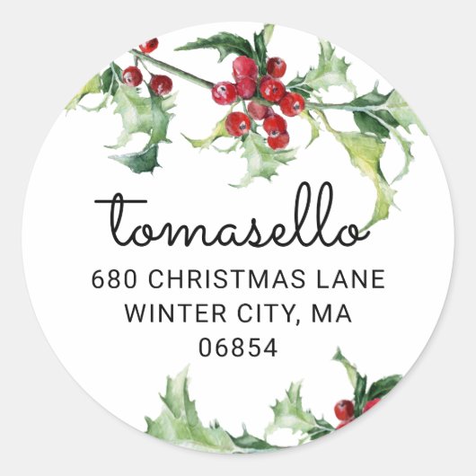 Kerst Watercolor Hulstbessen Retouradres Ronde Sticker (Voorkant)