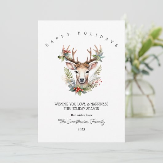 Kerst Watercolor Rendier Platte Kerstkaart (Staand voorkant)