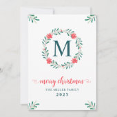 Kerst Waterverf Berry Floral krans Monogram Feestdagenkaart (Voorkant)