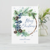 Kerst waterverf besneeuwde dennen krans feestdagenkaart (Staand voorkant)