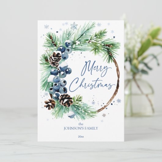 Kerst waterverf besneeuwde dennen krans feestdagenkaart (Staand voorkant)