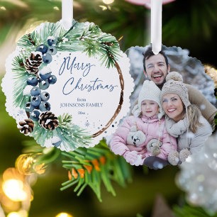 Kerst waterverf besneeuwde dennen krans foto ornament kaart