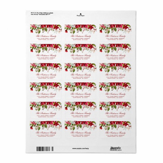 Kerst Waterverf Bloemen Rood Poinsettia Etiket (Full Sheet)