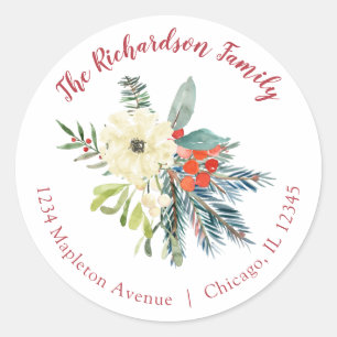Kerst waterverf bloemenretouradreslabels ronde sticker