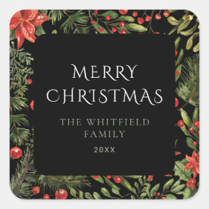 Kerst Waterverf Bloemrijke Groene Familie Vierkante Sticker