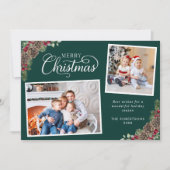 Kerst Waterverf Botanical 2 foto donkergroen Feestdagenkaart (Voorkant)