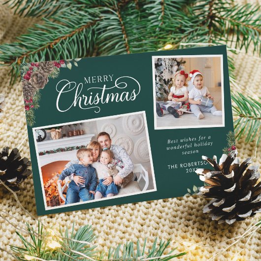 Kerst Waterverf Botanical 2 foto donkergroen Feestdagenkaart