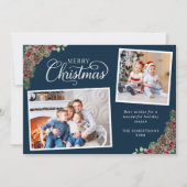 Kerst Waterverf Botanical 2 foto Navy Blue Feestdagenkaart (Voorkant)