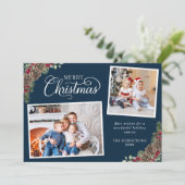 Kerst Waterverf Botanical 2 foto Navy Blue Feestdagenkaart (Staand voorkant)