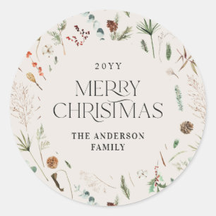 Kerst waterverf botanische bloemen natuurlijk ronde sticker