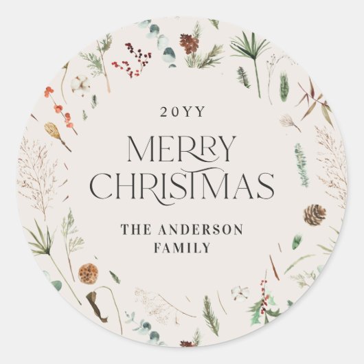 Kerst waterverf botanische bloemen natuurlijk ronde sticker (Voorkant)