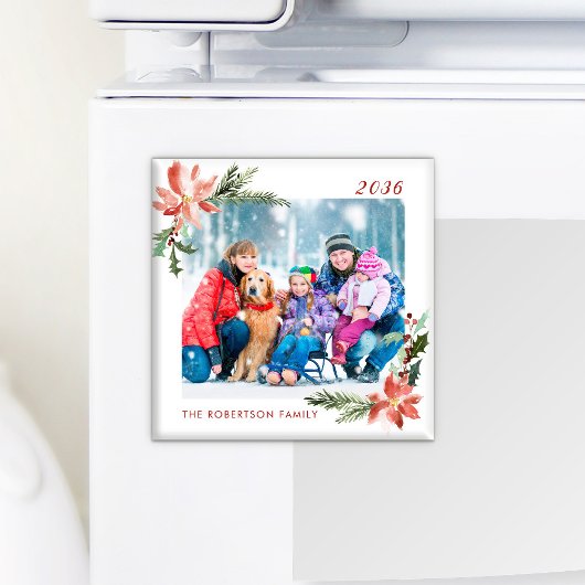 Kerst Waterverf Botanische Poinsettia Foto Magneet