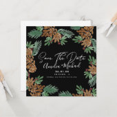 Kerst Waterverf Dennenzaden Zwart Save the Date Kaart (Voorkant / Achterkant in situ)