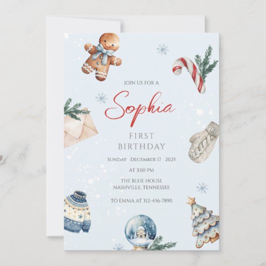 Kerst Waterverf Eerste Verjaardag Feest Kaart (Voorkant)