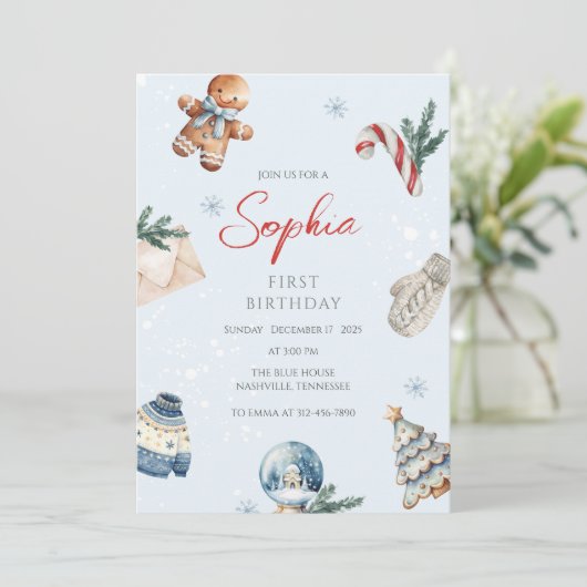 Kerst Waterverf Eerste Verjaardag Feest Kaart (Staand voorkant)