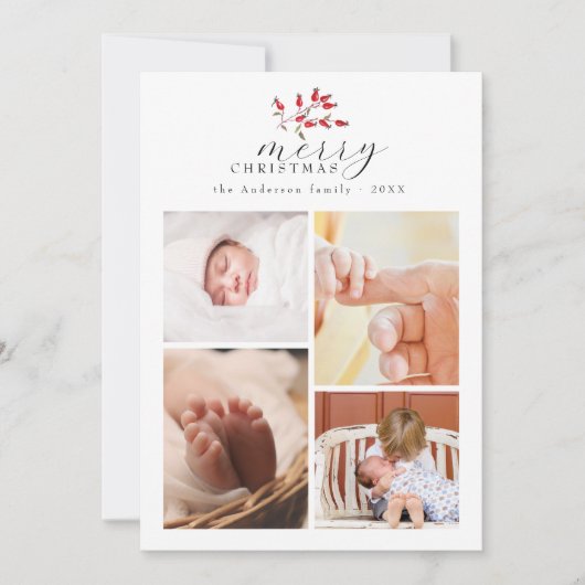 Kerst Waterverf Floral Chic 4 Fotocollage Feestdagenkaart (Voorkant)