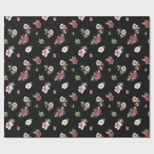 Kerst Waterverf Flower Black Cadeaupapier (Vlak)