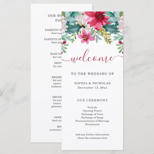 Kerst Waterverf Flowers | Bruiloft Programmakaart (Voorkant / Achterkant)