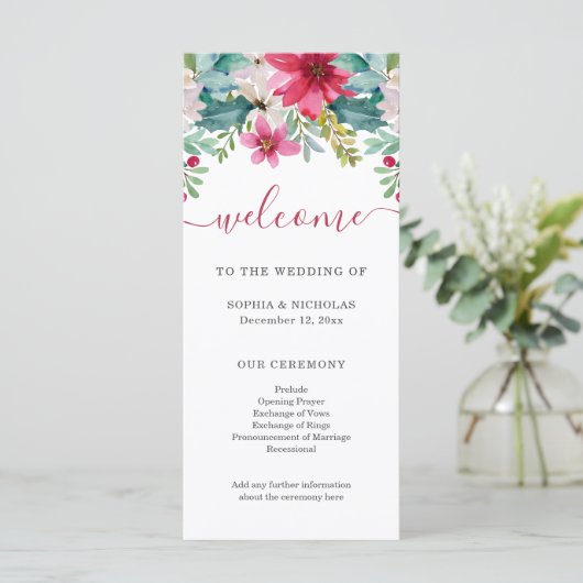 Kerst Waterverf Flowers | Bruiloft Programmakaart (Staand voorkant)