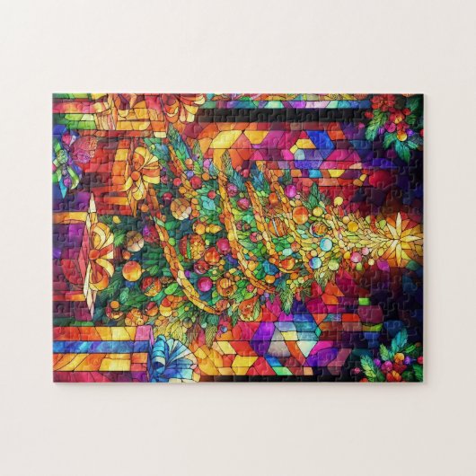 Kerst Waterverf Glas in lood puzzel Legpuzzel (Horizontaal)