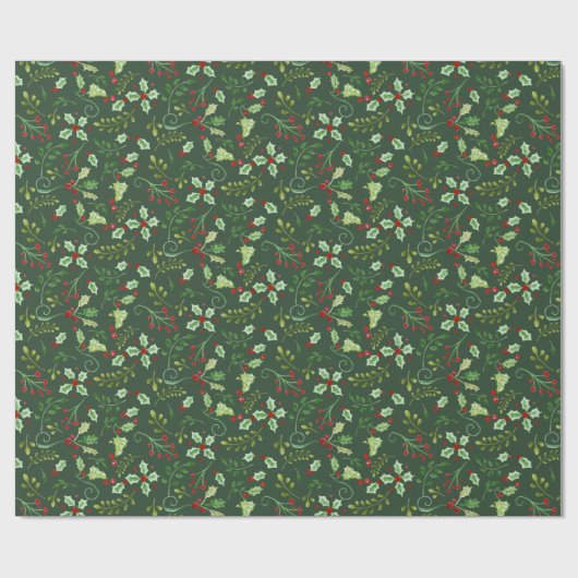 Kerst Waterverf Green Red Holly Berry Leaves Cadeaupapier (Vlak)