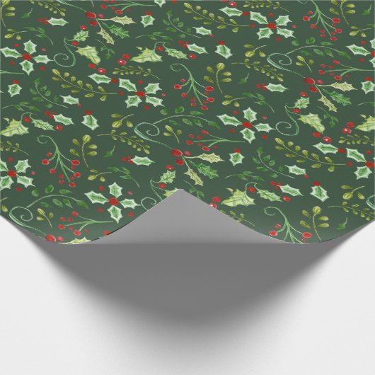 Kerst Waterverf Green Red Holly Berry Leaves Cadeaupapier (Hoek)