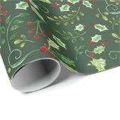 Kerst Waterverf Green Red Holly Berry Leaves Cadeaupapier (Rol Hoek)