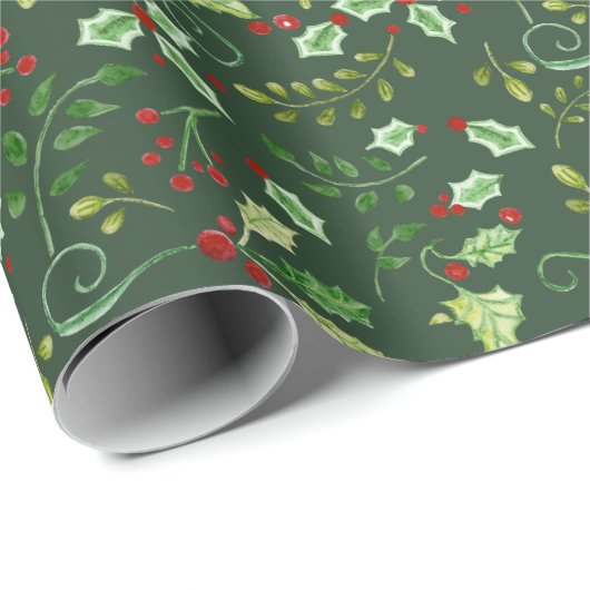 Kerst Waterverf Green Red Holly Berry Leaves Cadeaupapier (Rol Hoek)