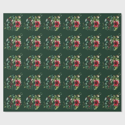 Kerst Waterverf Green Tree Poinsettia Bobble Cadeaupapier (Vlak)