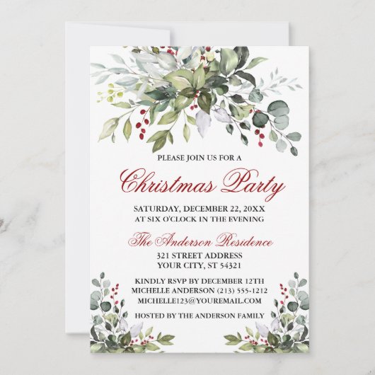 Kerst Waterverf Greenery Red Berries Kaart (Voorkant)