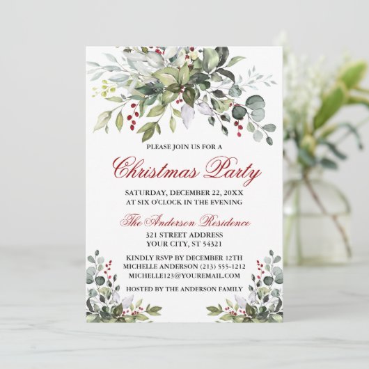 Kerst Waterverf Greenery Red Berries Kaart (Staand voorkant)