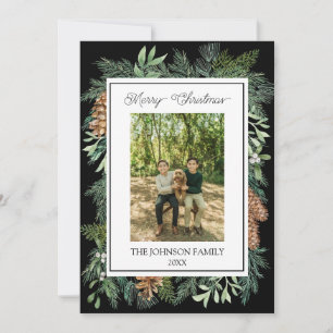 Kerst Waterverf Groen Botanisch Zwart Feestdagenkaart