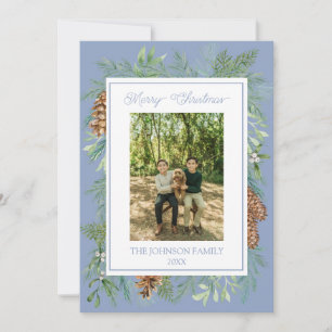 Kerst Waterverf Groen Botanische Stoffig Blauw Feestdagenkaart