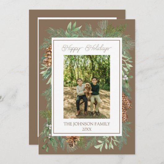 Kerst Waterverf Groen Botanische Taupe Feestdagenkaart (Voorkant / Achterkant)