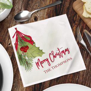 Kerst Waterverf groen vakantie Holly Berry Servet