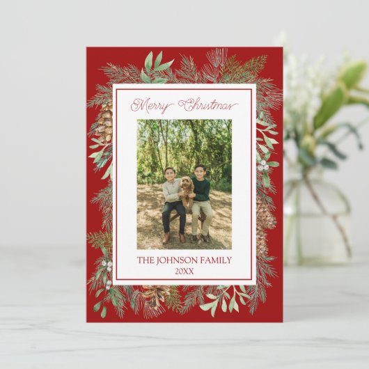 Kerst Waterverf Groene Botanische Rode Feestdagenkaart (Staand voorkant)