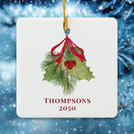 Kerst Waterverf Holly Berries Groen Eenvoudig Keramisch Ornament