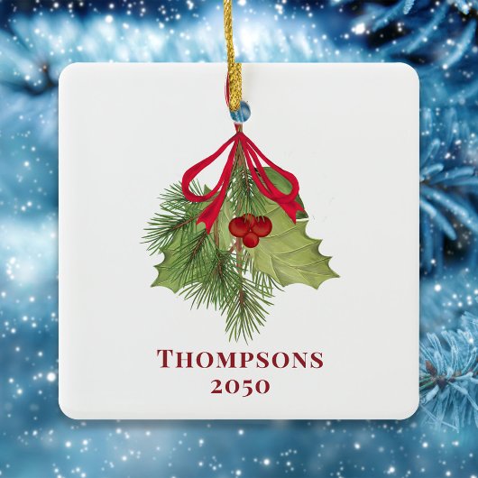 Kerst Waterverf Holly Berries Groen Eenvoudig Keramisch Ornament