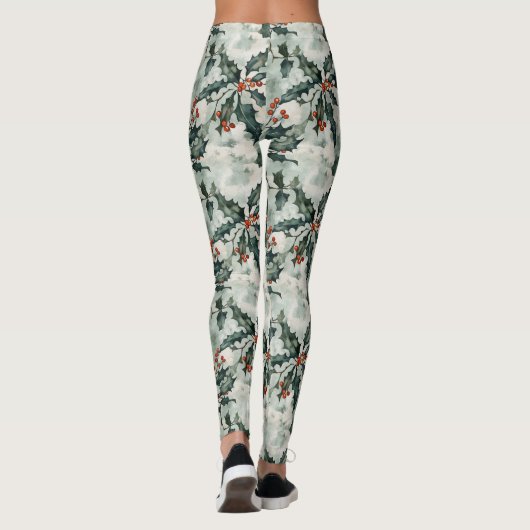 Kerst Waterverf Holly Flowers and Berries Leggings (Achterkant)
